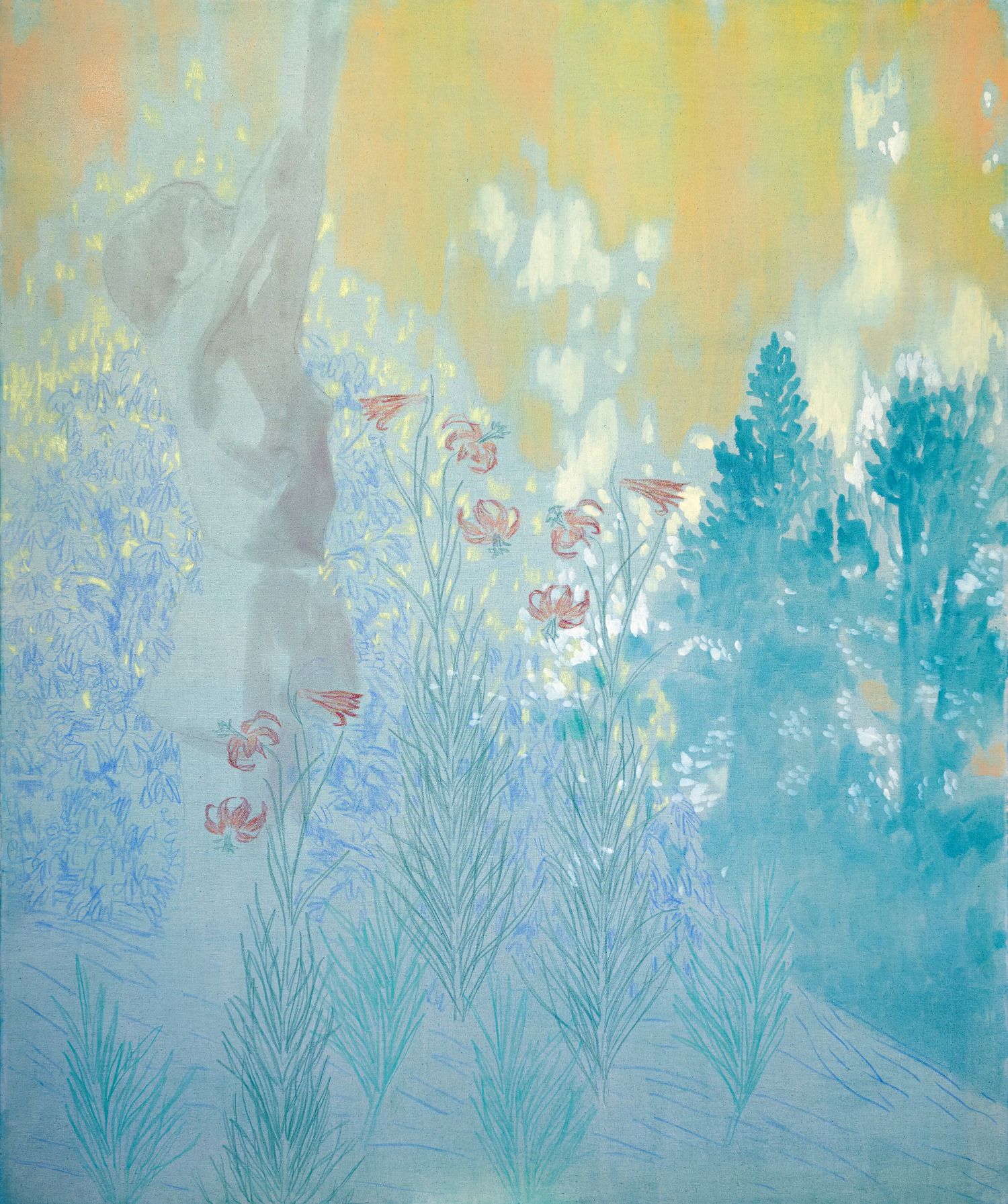 Elisa Zadi, Fuoco e Tramonto, 2025, olio da pigmento e pastello su tessuto, cm 120x100