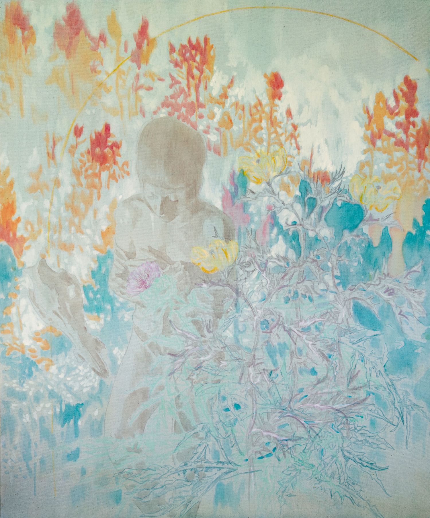 Elisa Zadi, Giallo e spine blu, 2024, olio da pigmento e pastello su tessuto, cm 120x100