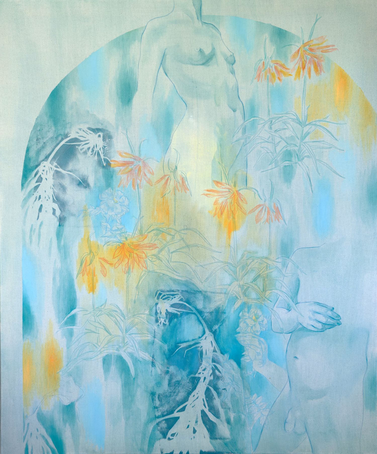 Elisa Zadi, Luccicanza, 2026, olio da pigmento, pastello su tessuto e monotipia, cm 120x100